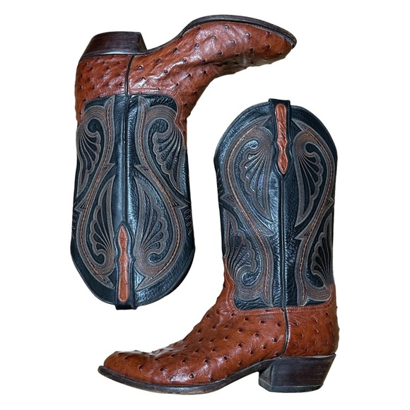 Larry Mahan Brown & Black Ostrich Cowboy Boots Men’s 9.5 EE Wide - Picture 1 of 10
